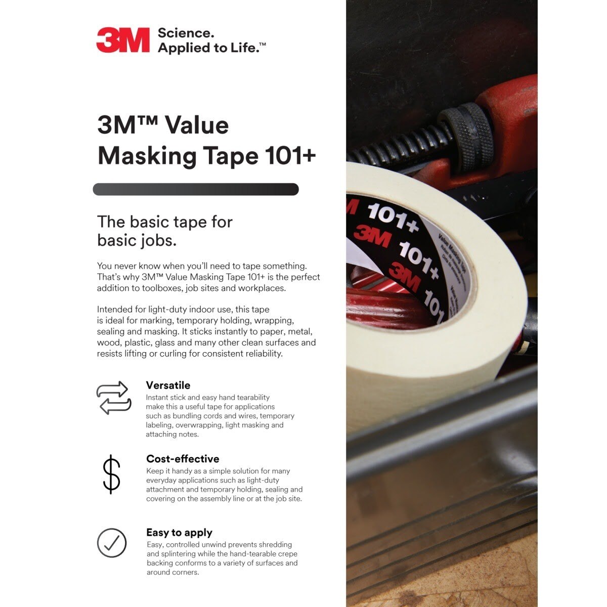3M 101+ Value Masking Tape, Tan, 18 mm x 55 m, 5.1 mil (7100293674) (48 Pack)