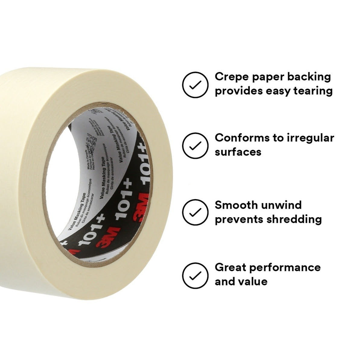 3M 101+ Value Masking Tape, Tan, 48 mm x 55 m, 5.1 mil (7100293677) - 2