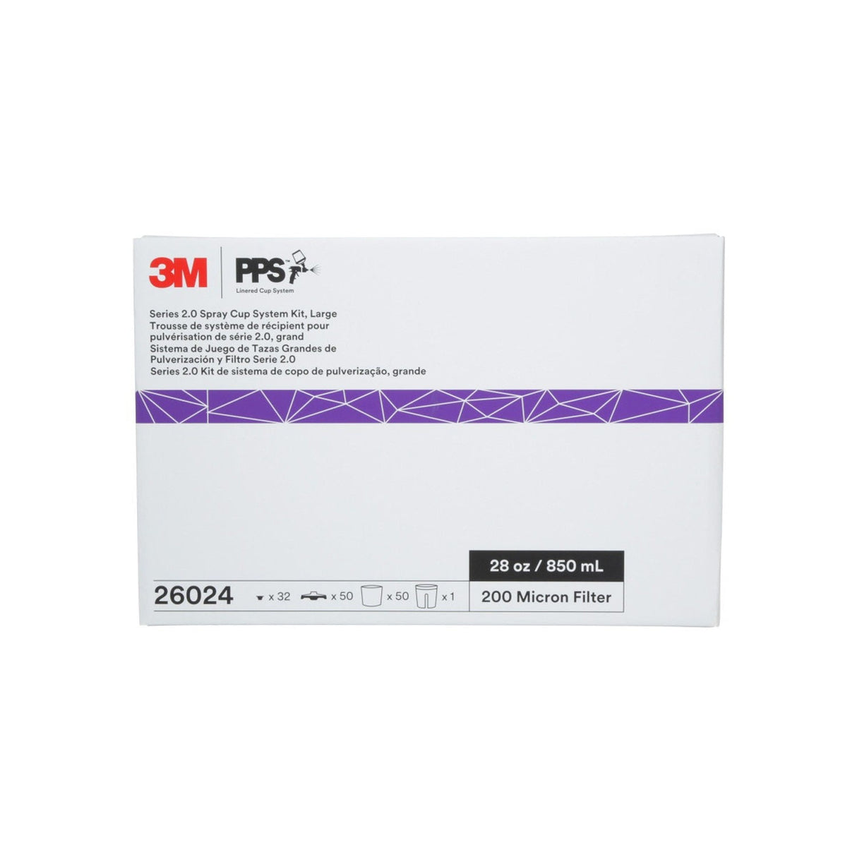 3M 26024 PPS Spray Cup System Kit, Large, 28 oz, 200 Micron Filter, 1 Hard Cup, 50 Lids, 50 Liners, 32 Sealing Plugs (7100297030) - 7