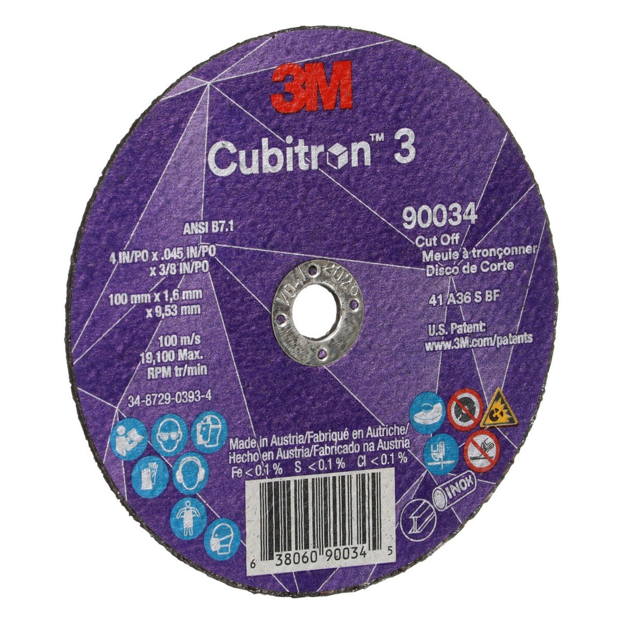 3M 90034 Cubitron Cut-Off Wheel, 36+, T1, 4 in x 1/8 in x 3/8 in, Black (7100304004) (50 Pack) - 3