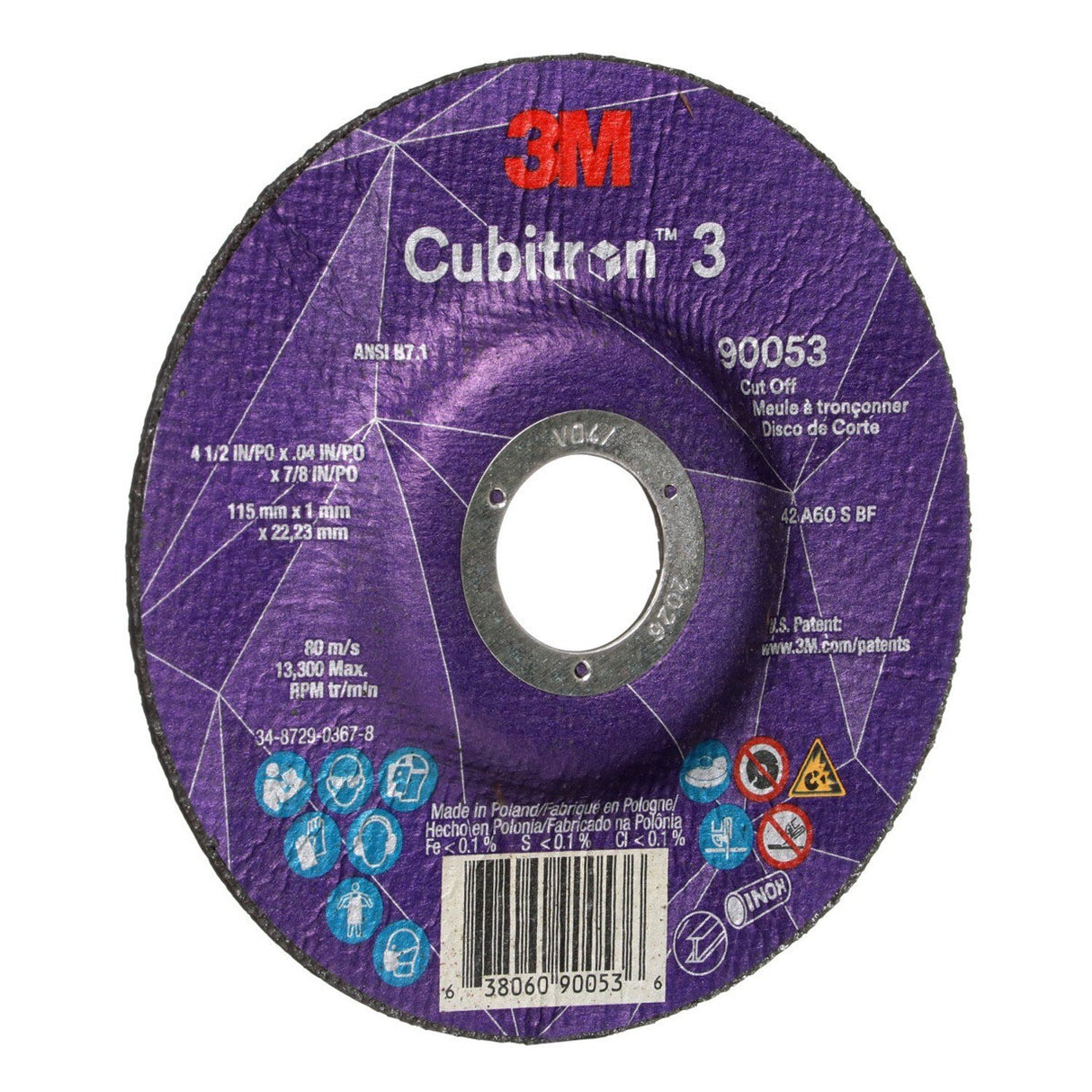 3M 90053 Cubitron Cut-Off Wheel, 60+, T27, 4-1/2 in x 1/8 in x 7/8 in, Black (7100304308) (50 Pack) - 3