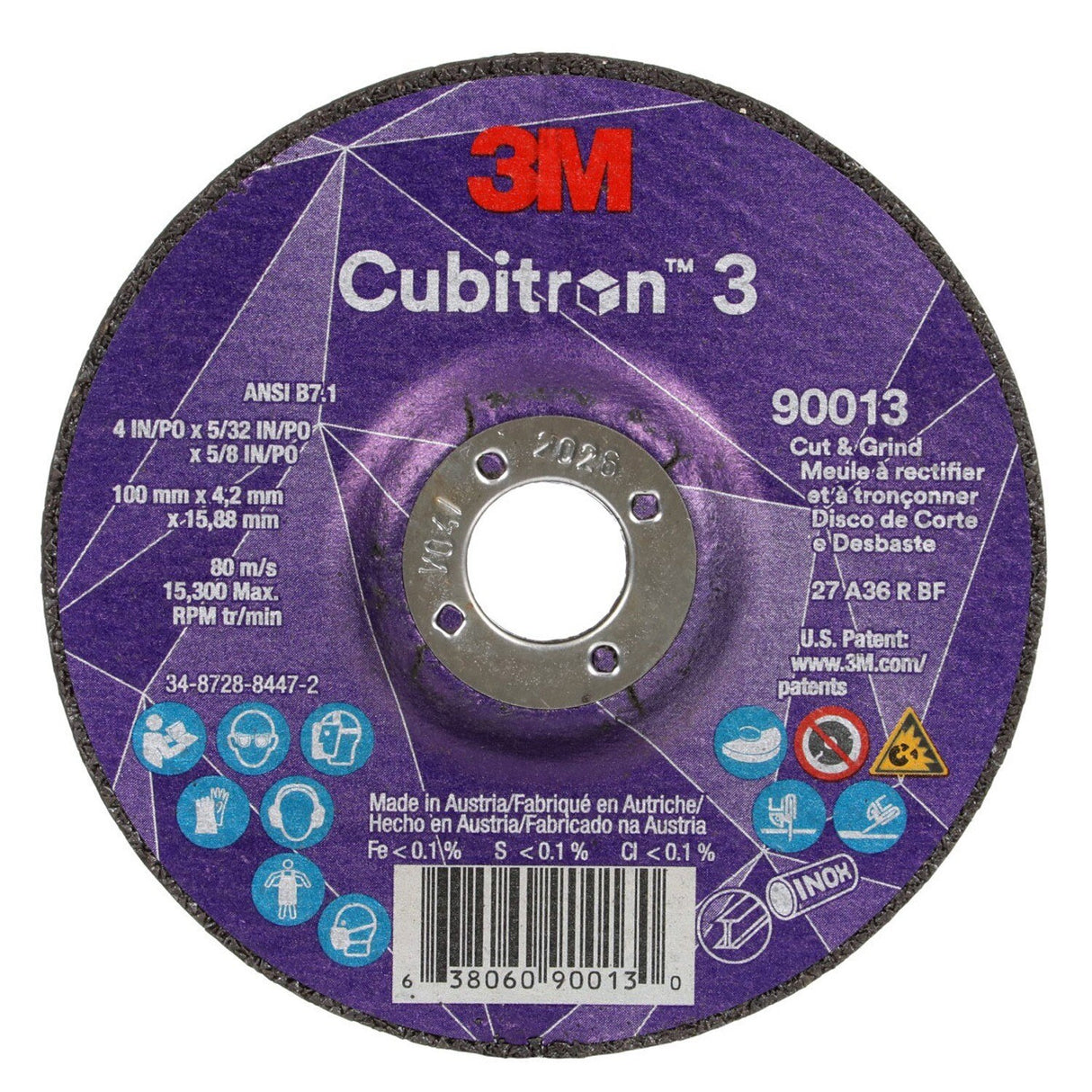 3M 90013 Cubitron 3 Cut and Grind Wheel, 36+, T27, Black, 4 in x 5/32 in x 5/8 in (7100305443) (20 Pack)
