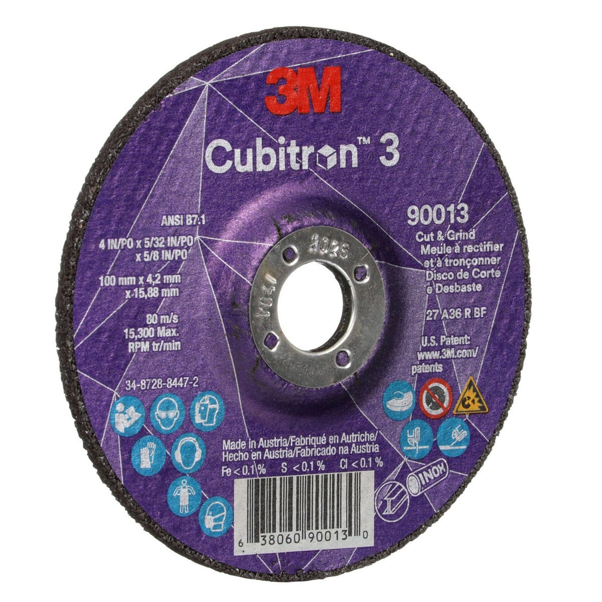 3M 90013 Cubitron 3 Cut and Grind Wheel, 36+, T27, Black, 4 in x 5/32 in x 5/8 in (7100305443) (20 Pack) - 3