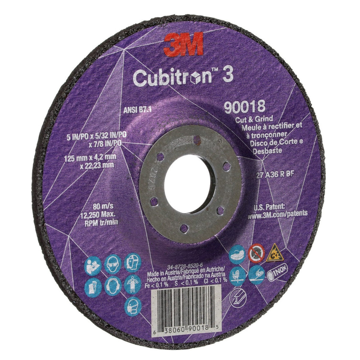 3M 90018 Cubitron Cut and Grind Wheel, 36+, T27, Black, 5 in x 5/32 in x 7/8 in (7100305444) (20 Pack) - 3