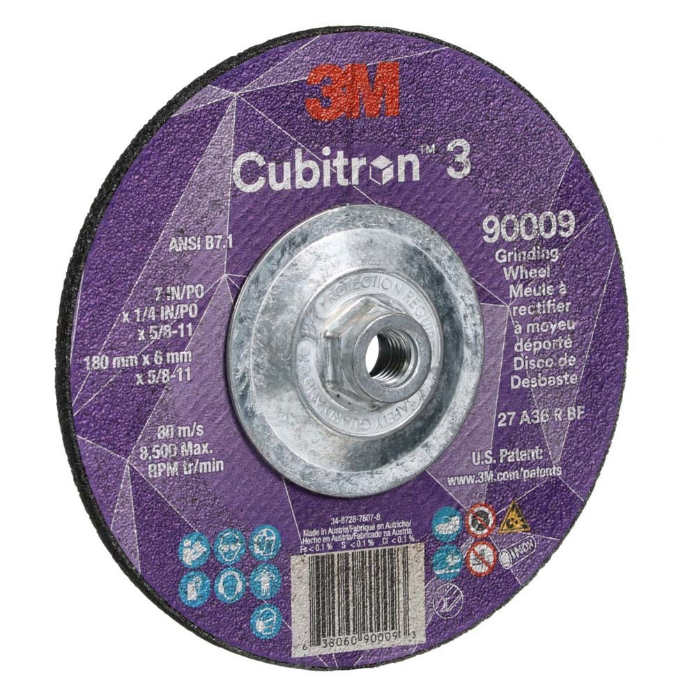 3M 90009 Cubitron 3 Depressed Center Grinding Wheel, 7 in x 1/4 in x 5/8 in-11, 36+ T27, ANSI, Precision Shaped Grain for Beveling, Weld Grinding, Heavy Deburring, Slag Removal (7100312965) (10 Pack) - 2