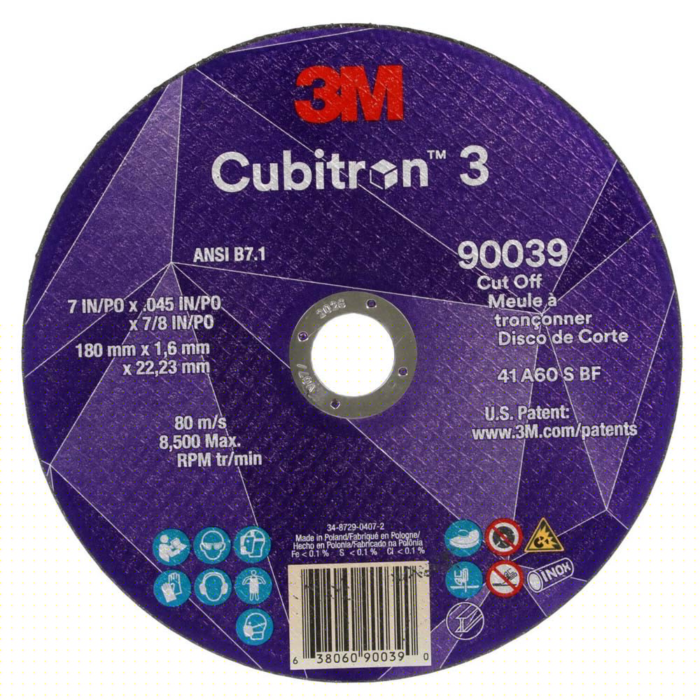 3M 90039 Cubitron 3 Cut-Off Wheel, 7 in x 0.045 in x 7/8 in, 60+ Grit, ANSI B7.1, Precision Shaped Grain for Metal and Stainless (7100313189)
