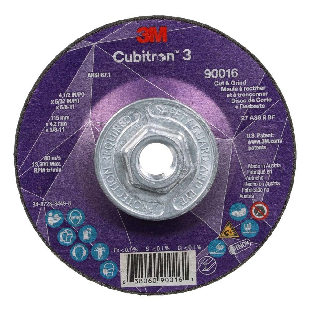 3M 7100313194 Cubitron 3 Cut and Grind Wheel, 90016, 36+, T27, 4-1/2 in x 5/32 in x 5/8 in-11 (115 x 4.2 mm x 5/8-11 in), ANSI (10 Pack)