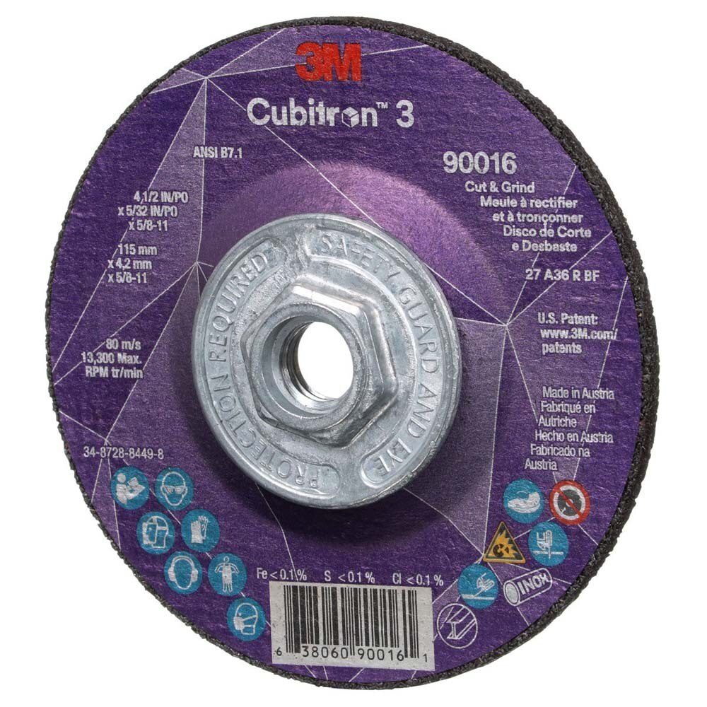 3M 7100313194 Cubitron 3 Cut and Grind Wheel, 90016, 36+, T27, 4-1/2 in x 5/32 in x 5/8 in-11 (115 x 4.2 mm x 5/8-11 in), ANSI (10 Pack) - 2