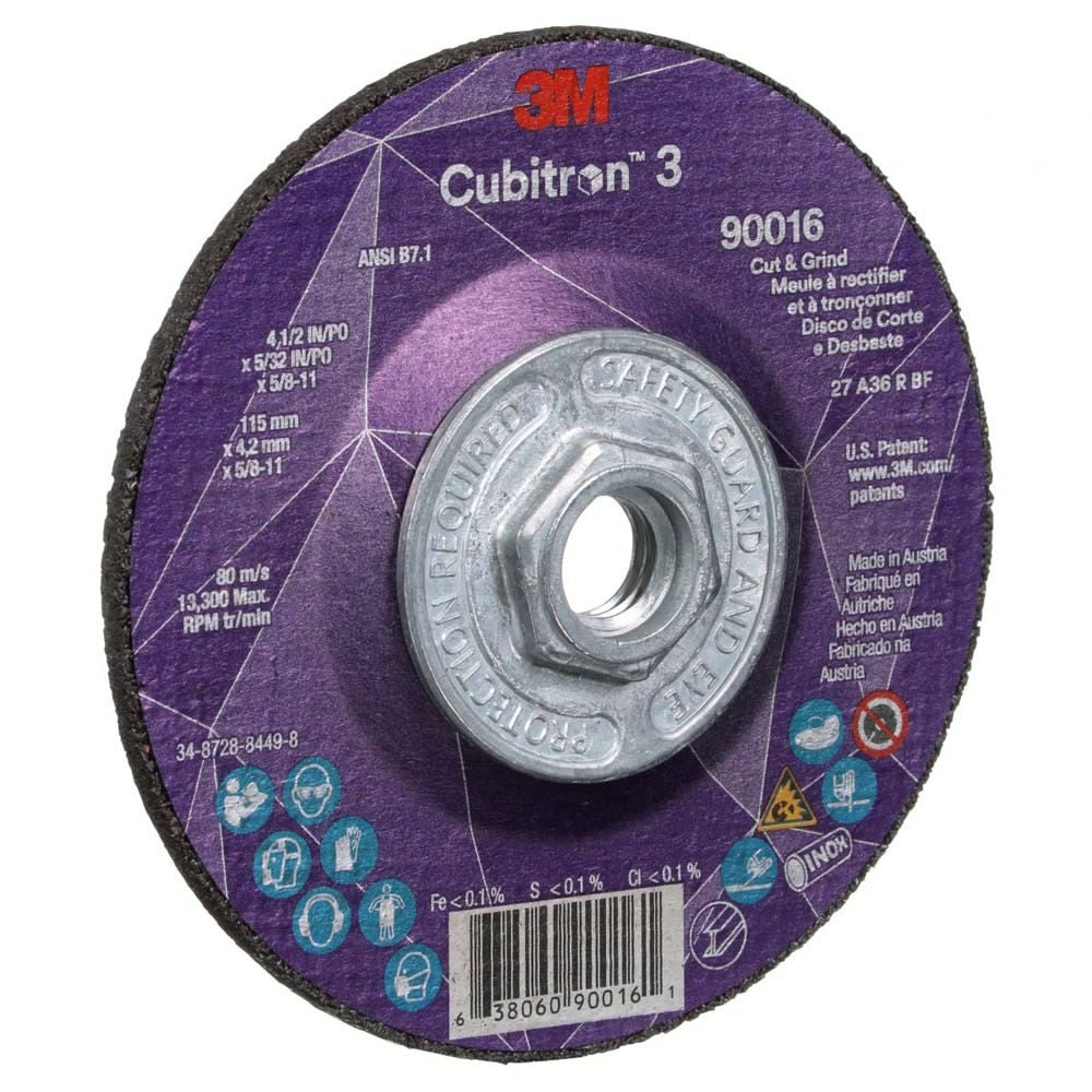 3M 90016 Cubitron 3 Cut and Grind Wheel, 36+, T27, 4-1/2 in x 5/32 in x 5/8 in-11 (115 x 4.2 mm x 5/8-11 in), ANSI (7100313194) (10 Pack) - 3