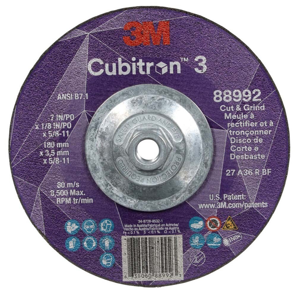 3M 7100313195 Cubitron 3 Cut and Grind Wheel, 7 in x 1/8 in x 5/8 in-11, 36+ Grit, Type 27 for Cutting, Grinding and Back-Gouging (10 Pack)