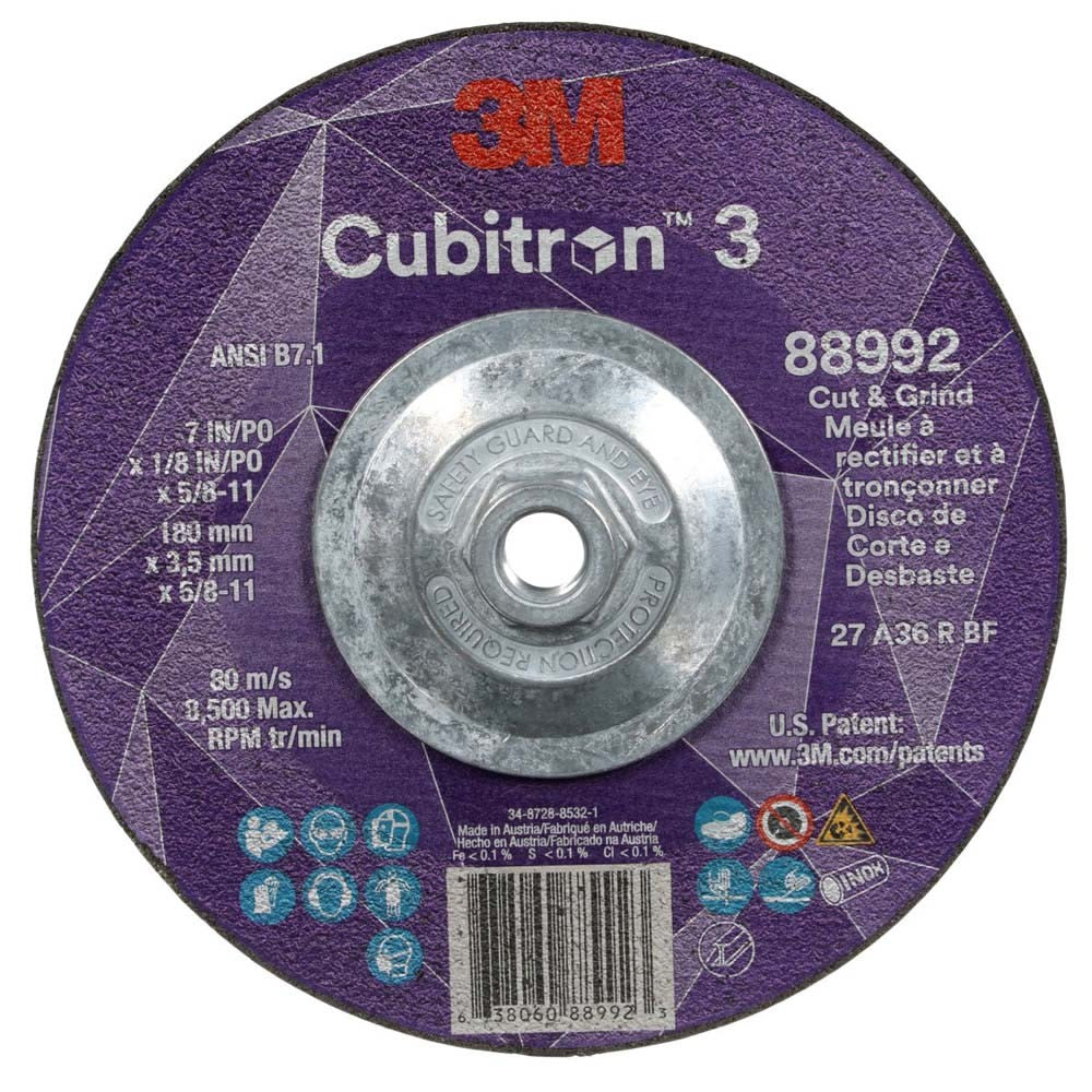 3M 88992 Cubitron 3 Cut and Grind Wheel, 7 in x 1/8 in x 5/8 in-11, 36+ Grit, Type 27 for Cutting, Grinding and Back-Gouging (7100313195) (10 Pack)