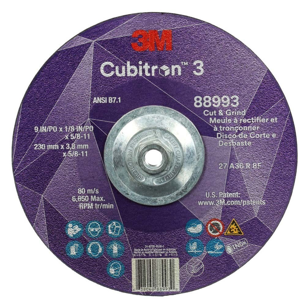 3M 7100313197 Cubitron 3 Cut and Grind Wheel, 36+ Grit, Type 27, 9 in x 1/8 in x 5/8 in-11 Thread, ANSI Rated for Cutting and Grinding (10 Pack)