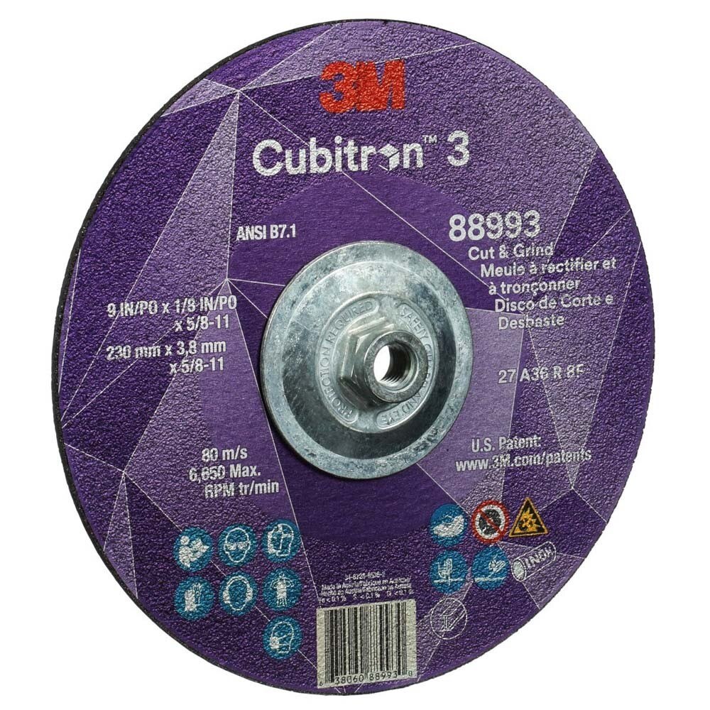 3M 7100313197 Cubitron 3 Cut and Grind Wheel, 36+ Grit, Type 27, 9 in x 1/8 in x 5/8 in-11 Thread, ANSI Rated for Cutting and Grinding (10 Pack) - 2