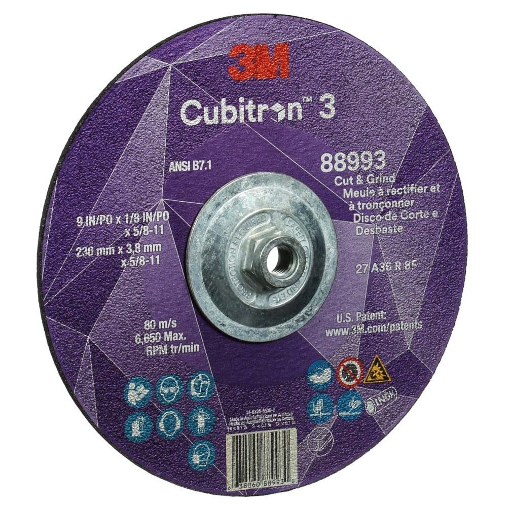 3M 88993 Cubitron 3 Cut and Grind Wheel, 36+ Grit, Type 27, 9 in x 1/8 in x 5/8 in-11 Thread, ANSI Rated for Cutting and Grinding (7100313197) (10 Pack) - 2