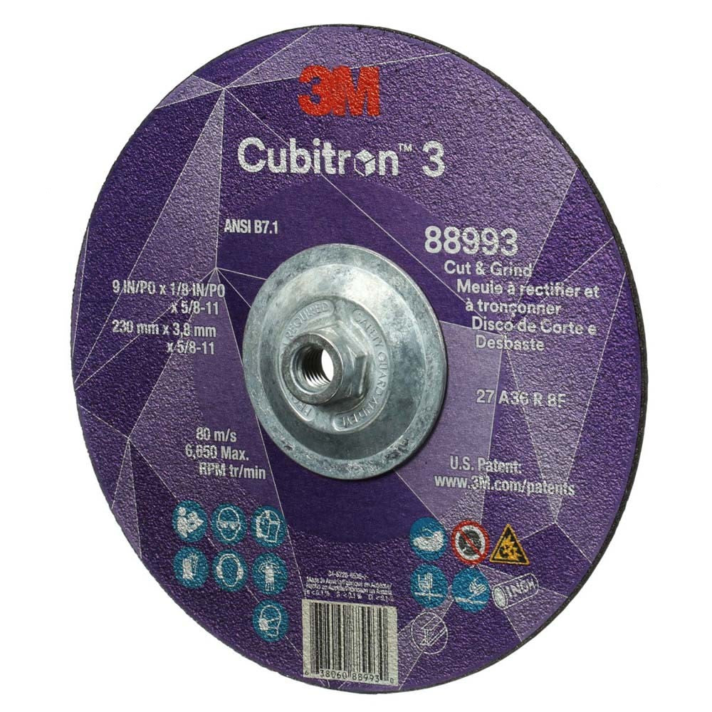 3M 88993 Cubitron 3 Cut and Grind Wheel, 36+ Grit, Type 27, 9 in x 1/8 in x 5/8 in-11 Thread, ANSI Rated for Cutting and Grinding (7100313197) (10 Pack) - 3