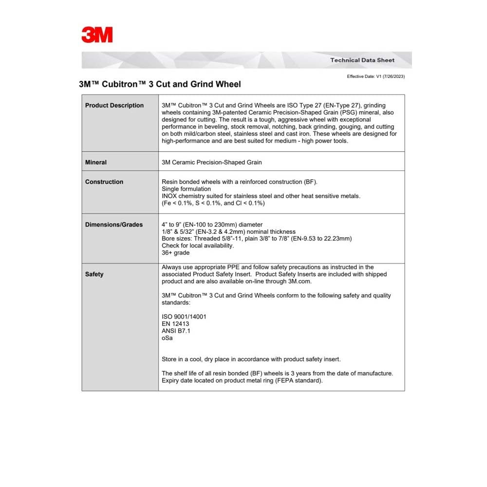 3M 88993 Cubitron 3 Cut and Grind Wheel, 36+ Grit, Type 27, 9 in x 1/8 in x 5/8 in-11 Thread, ANSI Rated for Cutting and Grinding (7100313197) (10 Pack) - 7