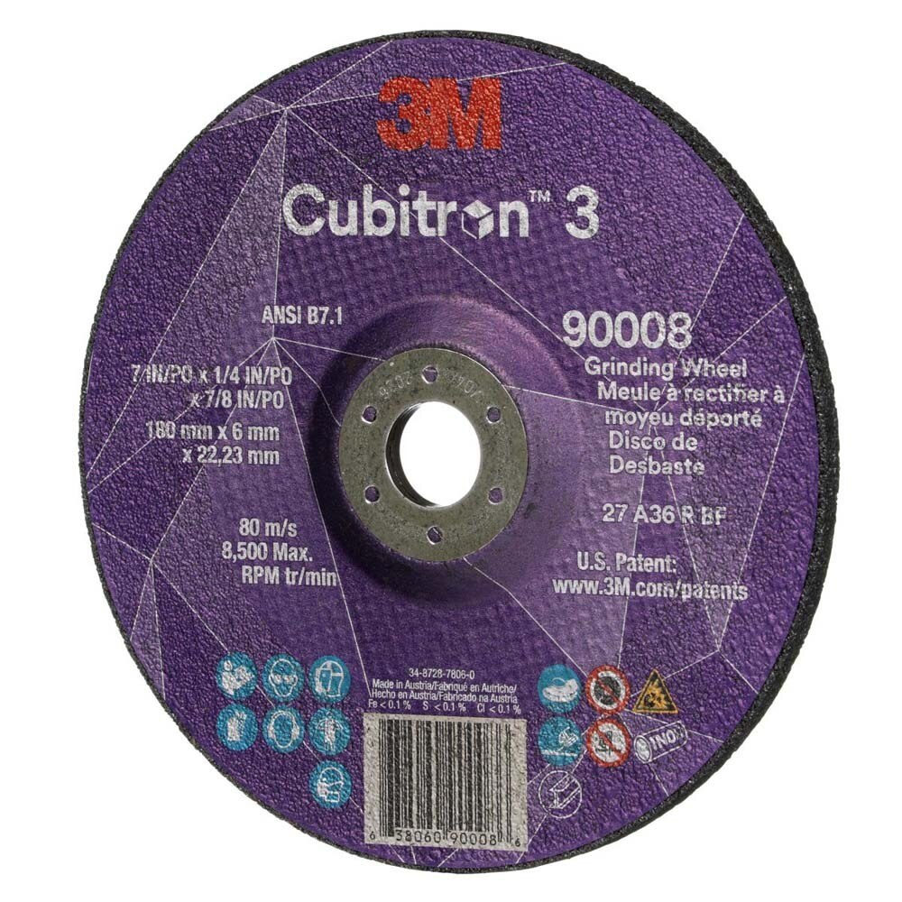 3M 7100313198 Cubitron 3 Depressed Center Grinding Wheel, 90008, 36+, T27, 7 in x 1/4 in x 7/8 in (180x6x22.23mm) ANSI - 2