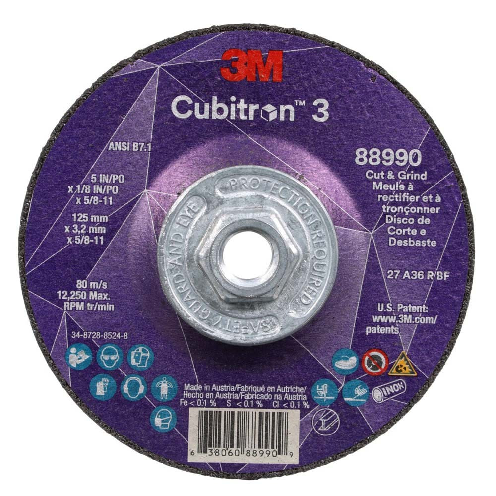 3M 88990 Cubitron 3 Cut and Grind Wheel, 36+ Grit, Type 27, 5 in x 1/8 in x 5/8 in-11 for Cutting, Grinding, Back-Gouging, Fillet Weld Removal (7100313204) (10 Pack)