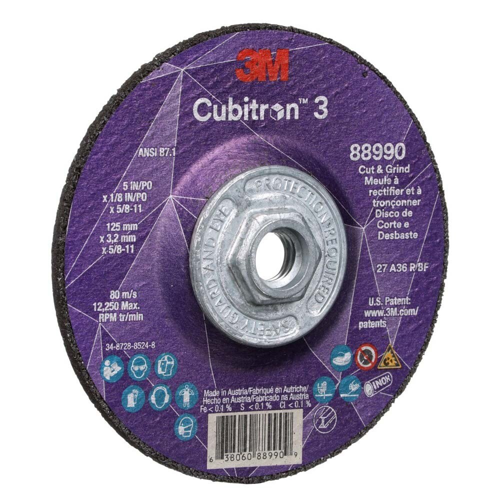 3M 88990 Cubitron 3 Cut and Grind Wheel, 36+ Grit, Type 27, 5 in x 1/8 in x 5/8 in-11 for Cutting, Grinding, Back-Gouging, Fillet Weld Removal (7100313204) (10 Pack) - 2