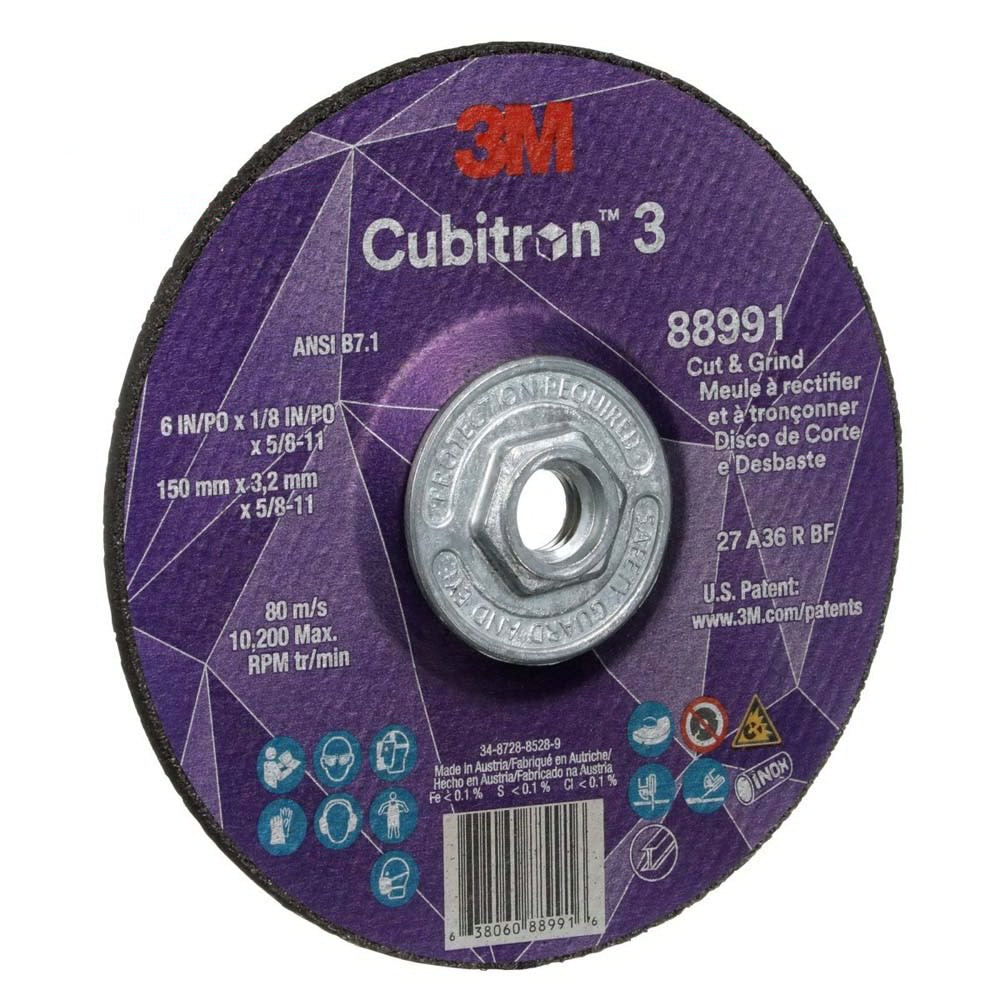 3M 88991 Cubitron 3 Cut and Grind Wheel, 36+, T27, 6 in x 1/8 in x 5/8 in-11 (150 x 3.2 mm x 5/8-11 in), ANSI (7100313205) (10 Pack) - 2