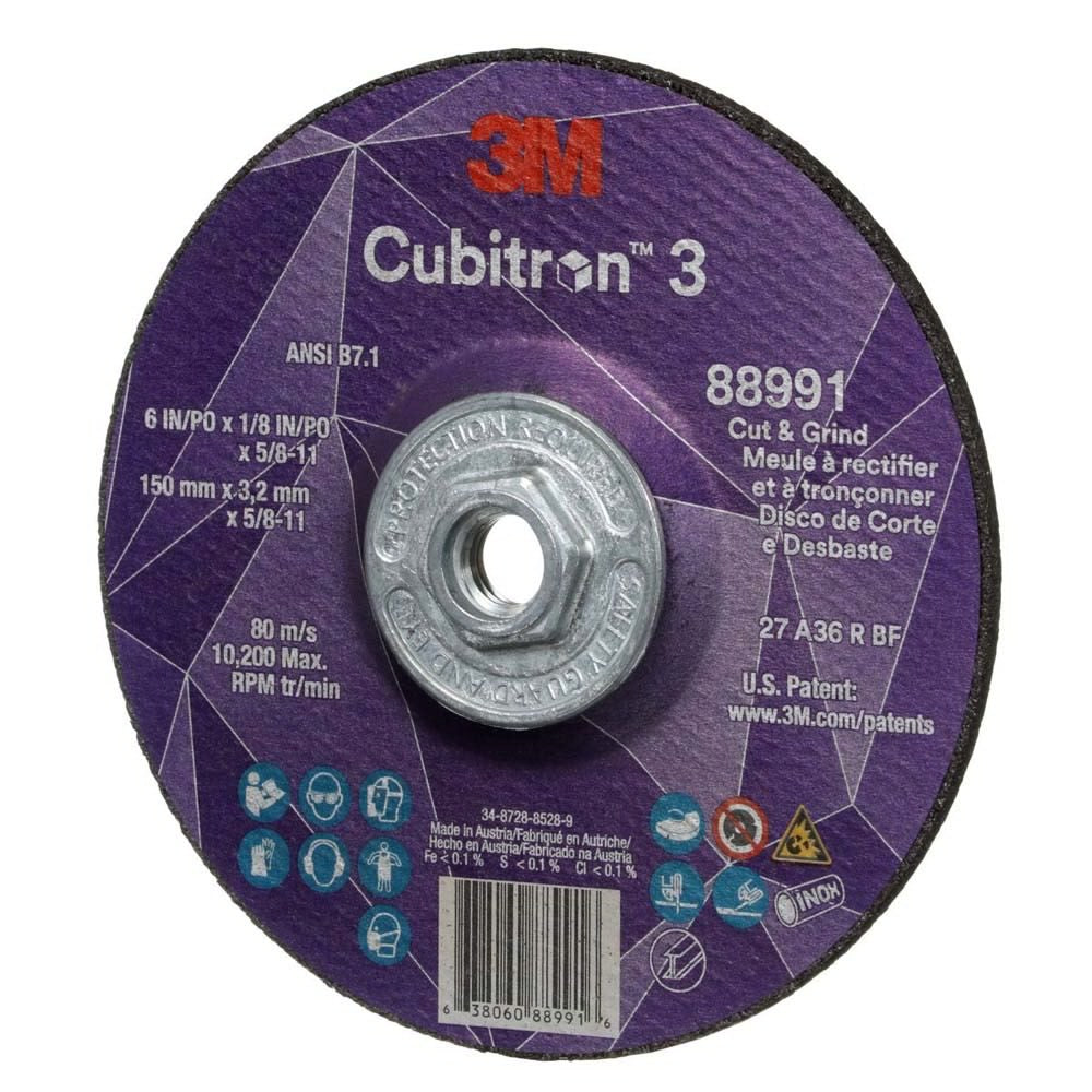 3M 88991 Cubitron 3 Cut and Grind Wheel, 36+, T27, 6 in x 1/8 in x 5/8 in-11 (150 x 3.2 mm x 5/8-11 in), ANSI (7100313205) (10 Pack) - 3