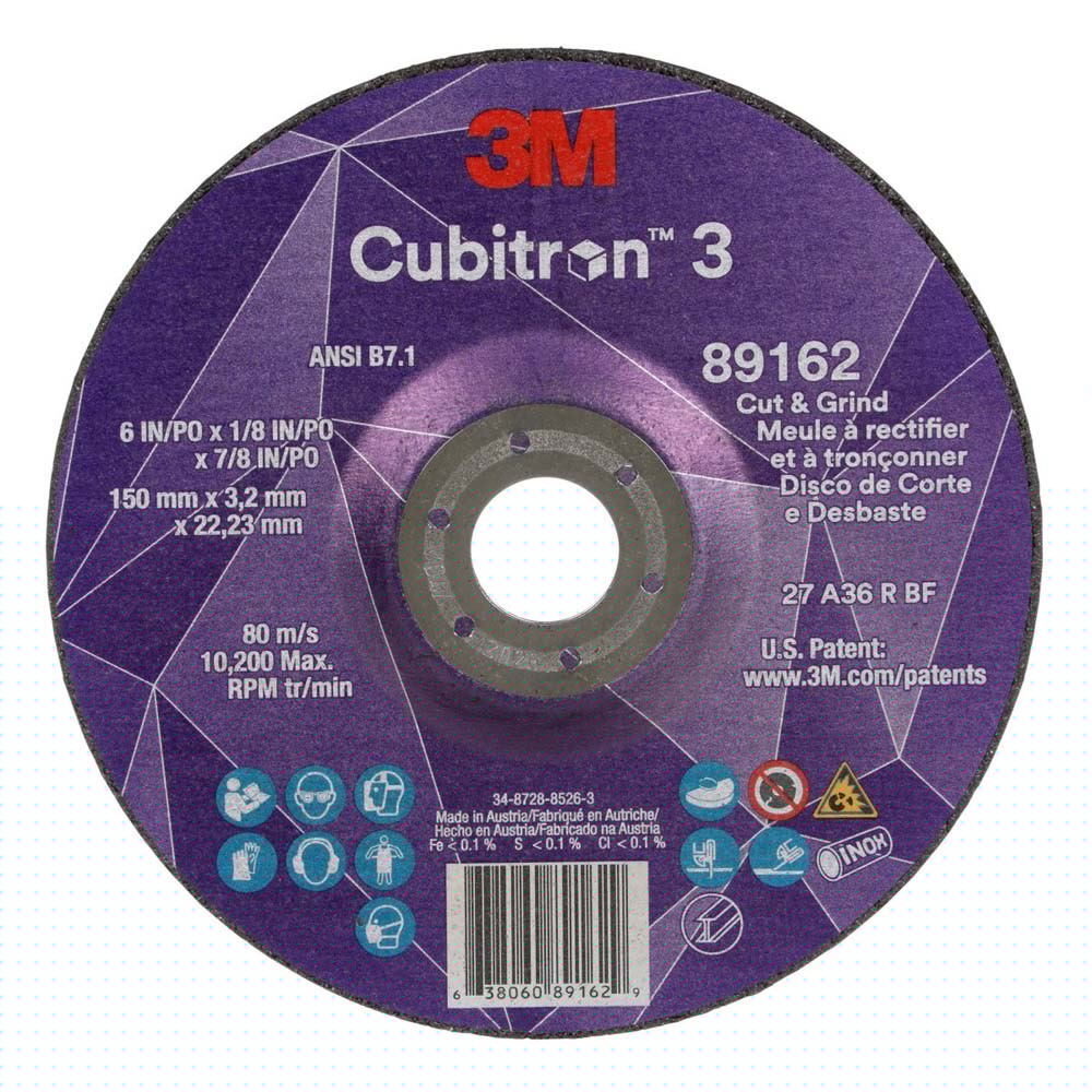 3M 89162 Cubitron 3 Cut and Grind Wheel, 36+, T27, 6 in x 1/8 in x 7/8 in (150 x 3.2 x 22.23 mm), ANSI (7100313586)