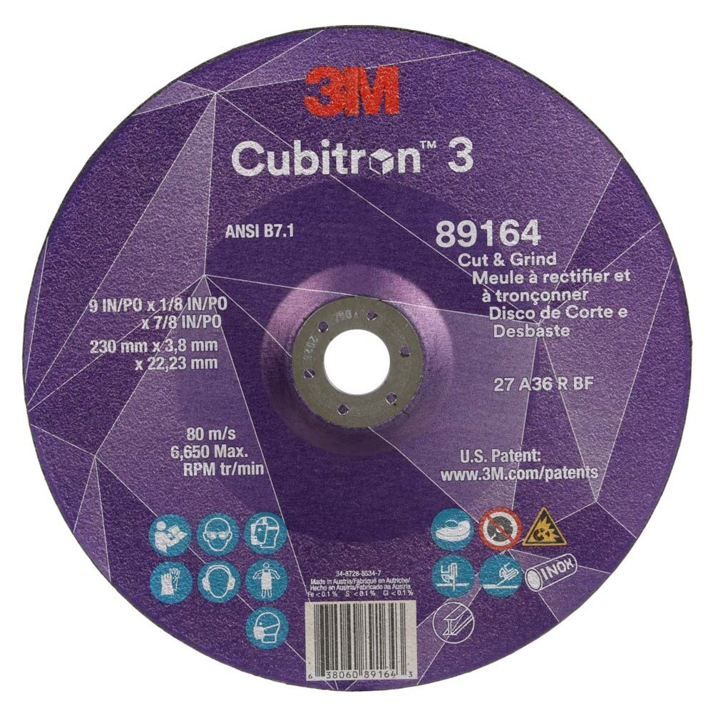 3M 7100313759 Cubitron 3 Cut and Grind Wheel, 89164, 36+, T27, 9 in x 1/8 in x 7/8 in (230 x 3.2 x 22.23 mm), ANSI