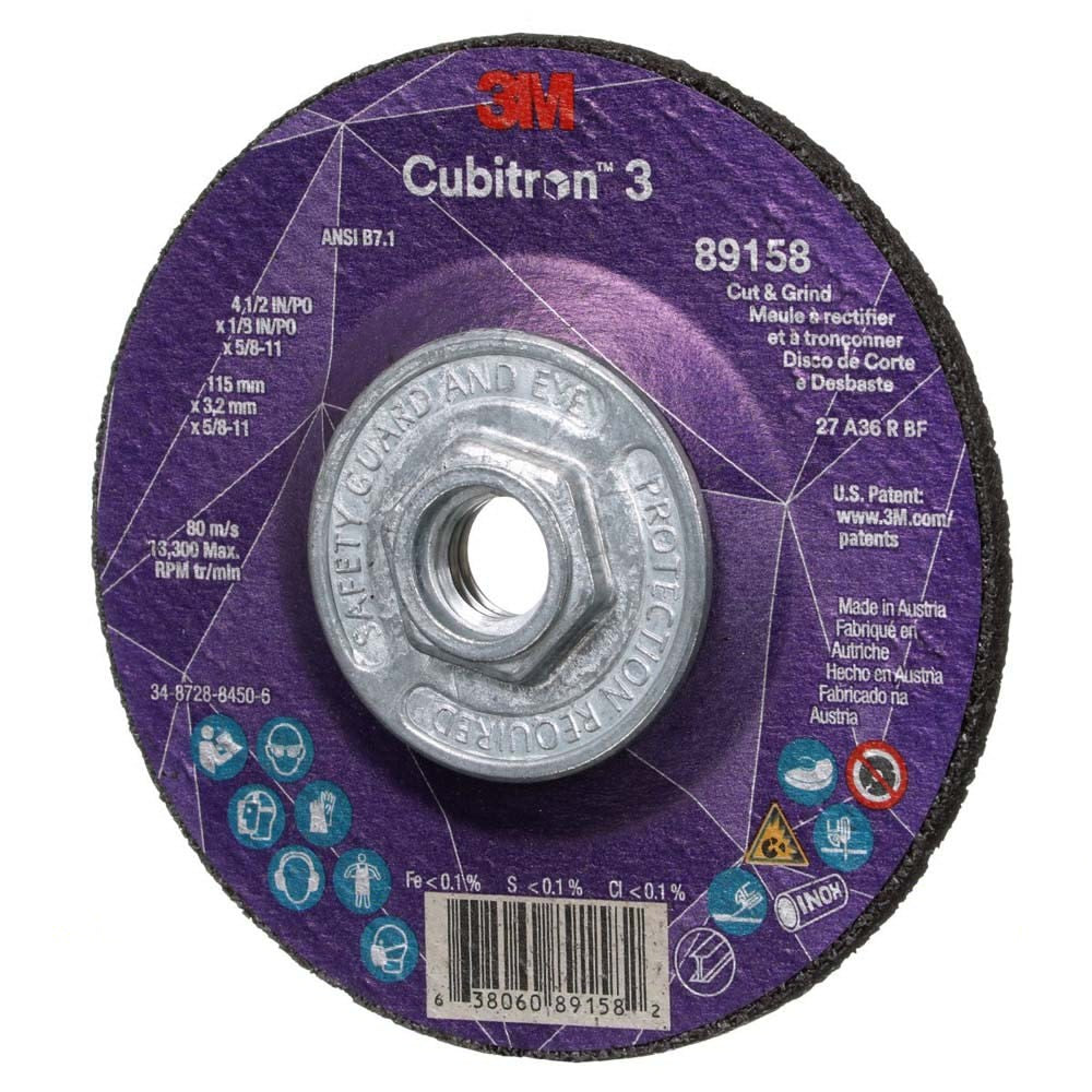 3M 89158 Cubitron 3 Cut and Grind Wheel, 36+, T27, 4-1/2 in x 1/8 in x 5/8 in-11 (115 x 3.2 mm x 5/8-11 in), ANSI (7100313760) (10 Pack)