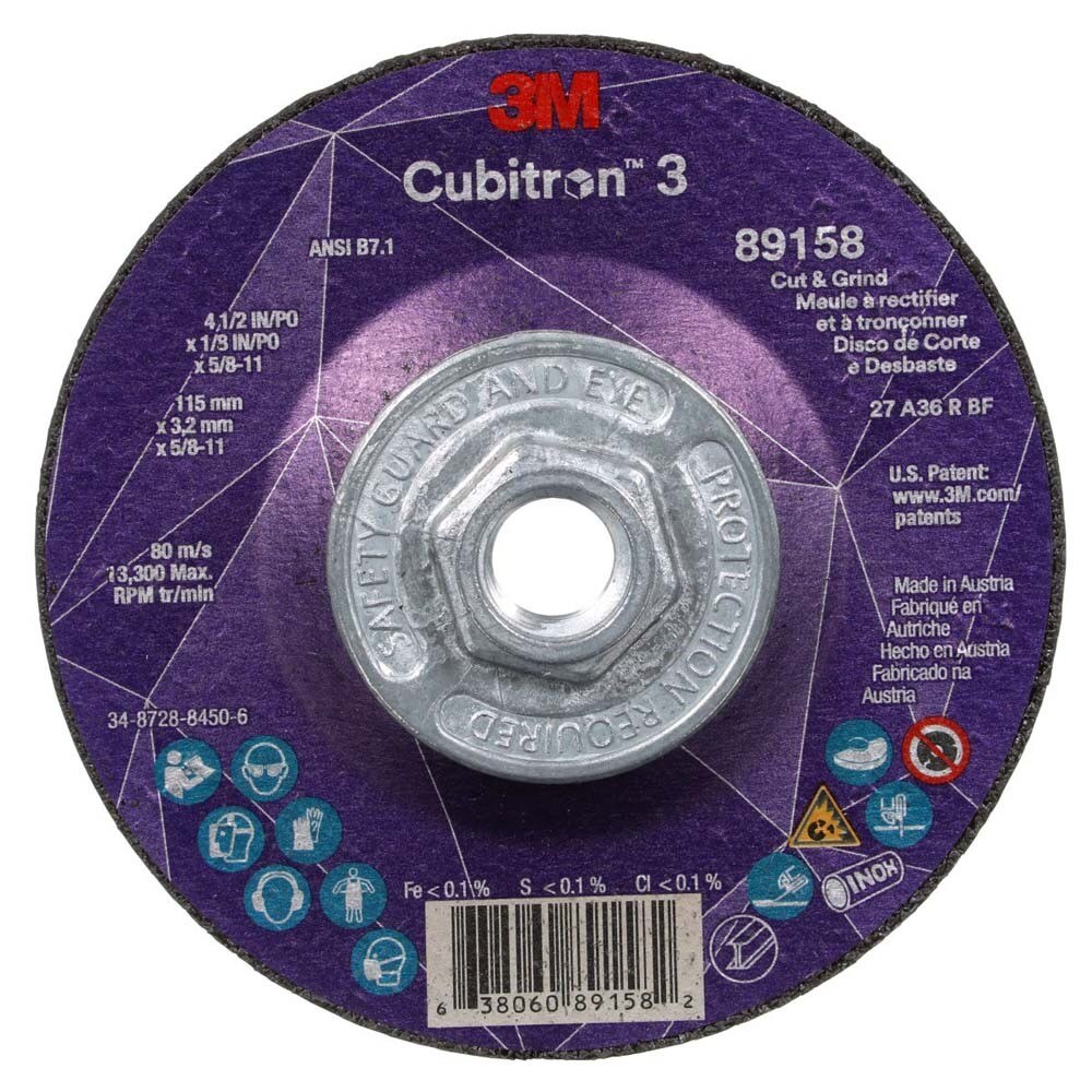 3M 7100313760 Cubitron 3 Cut and Grind Wheel, 89158, 36+, T27, 4-1/2 in x 1/8 in x 5/8 in-11 (115 x 3.2 mm x 5/8-11 in), ANSI (10 Pack) - 2