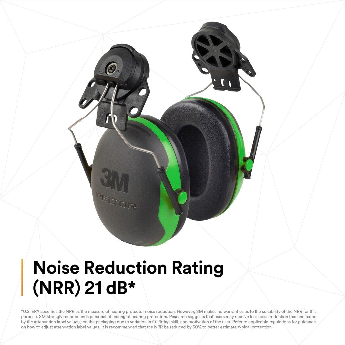 3M X1P3E PELTOR Helmet Attached Earmuffs, NRR 21 dB, Cap Style Hard Hat Compatible, Black/Green (7100315030) (1 Pair) - 4