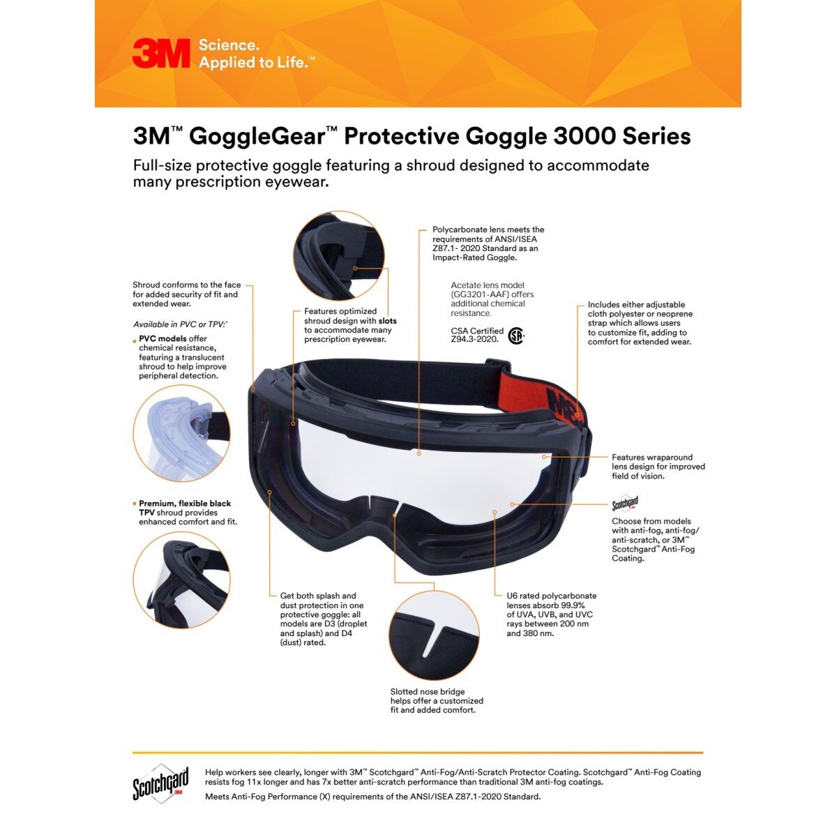 3M GG3101-SGAF GoggleGear 3000 Series Protective Goggle, Clear Anti-Fog/Anti-Scratch Lens (7100325035) (1 Pair) (10 Pack) - 2
