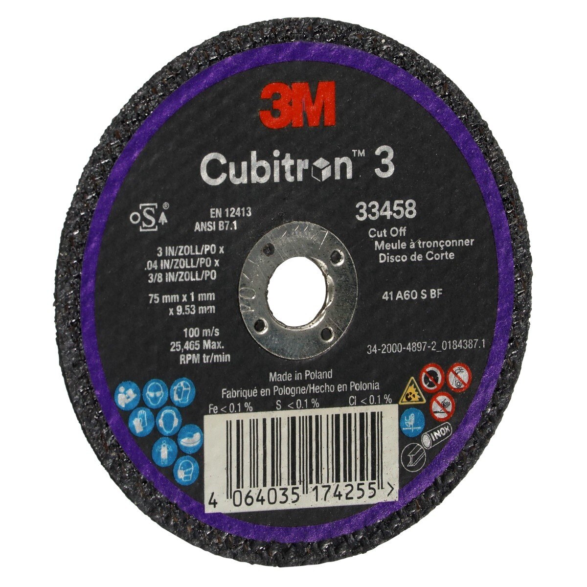 3M 33458 Cubitron Cut-Off Wheel, Precision Shaped Ceramic, Black, 75 mm x 1 mm x 9.53 mm (3 in x 1/8 in x 3/8 in) (7100333672) (30 Pack) - 3