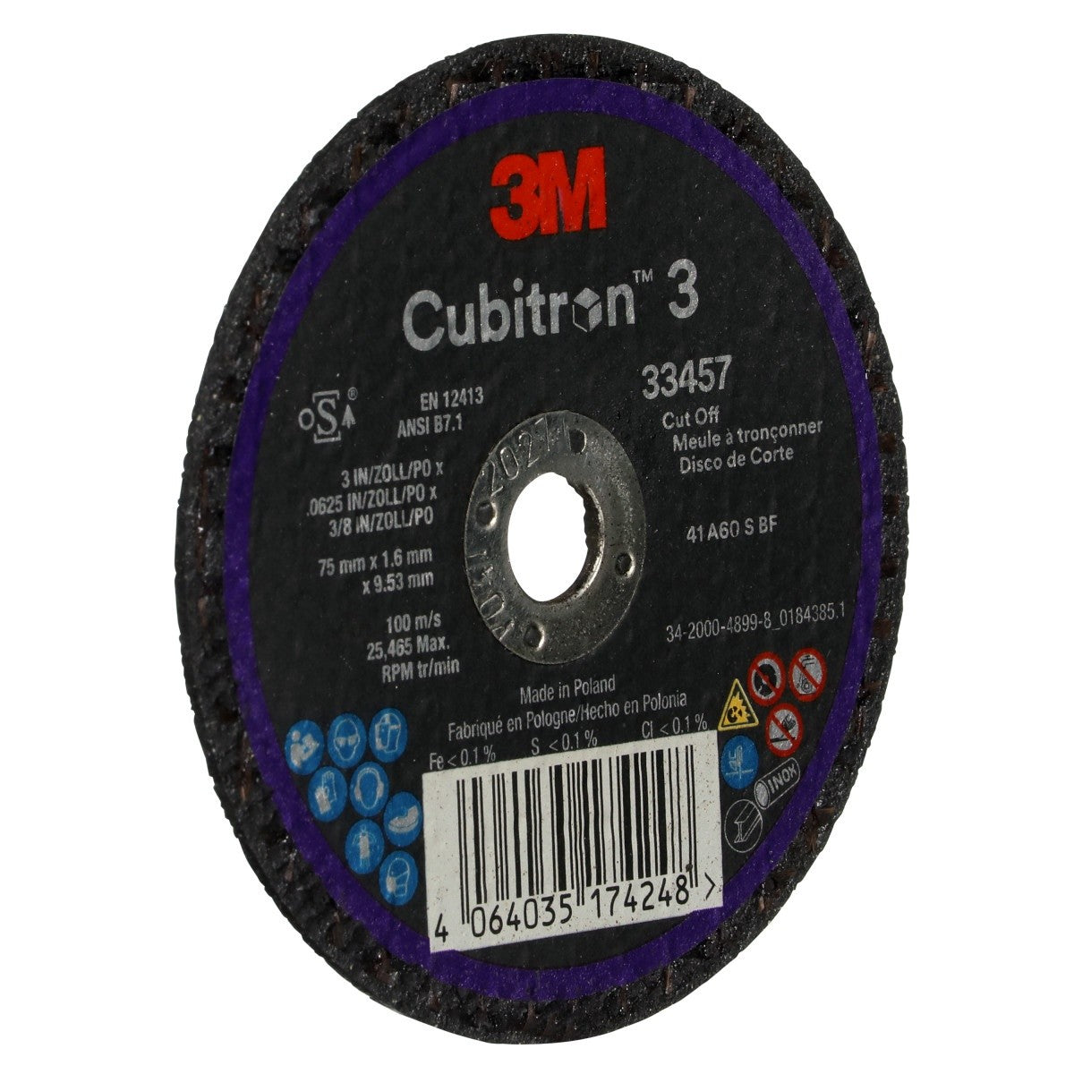3M 33457 Cubitron Cut-Off Wheel, Precision Shaped Ceramic, Black, 75 mm x 1.6 mm x 9.53 mm (7100333831) (30 Pack) - 3