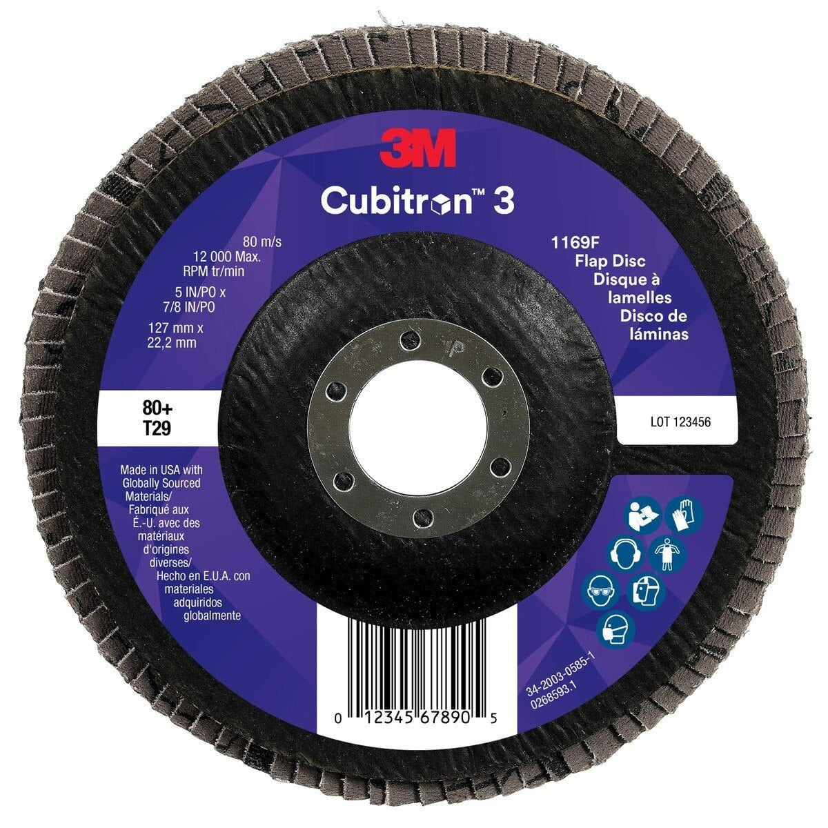 3M 1169F Cubitron 3 Flap Disc, 80+, T29-Conical, 5 in x 7/8 in (7100380316) (10 Pack) - 2