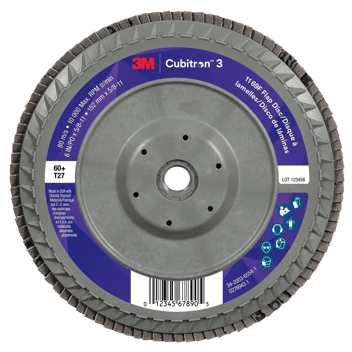 3M 1169F Cubitron 3 Flap Disc, 60+, T27-Flat Quick Change Plastic, 6 in x 5/8 in-11 (7100380505) (5 Pack)