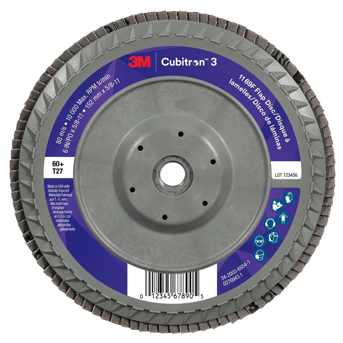 3M 1169F Cubitron 3 Flap Disc, 60+, T27-Flat Quick Change Plastic, 6 in x 5/8 in-11 (7100380505) (5 Pack)