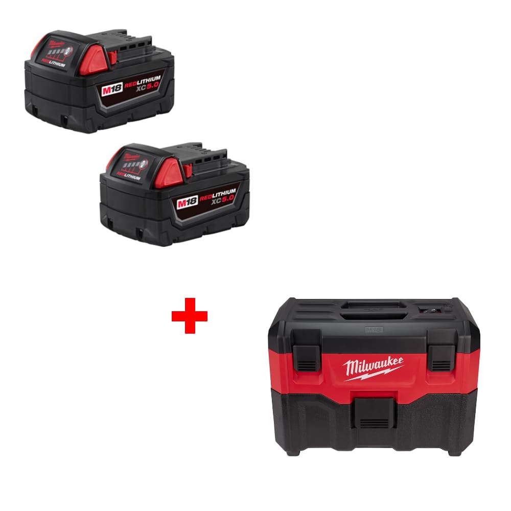 Milwaukee 48-11-1852 M18 XC5 Battery 2Pk w/ FREE 0880-20 Wet/Dry Vacuum, Bare