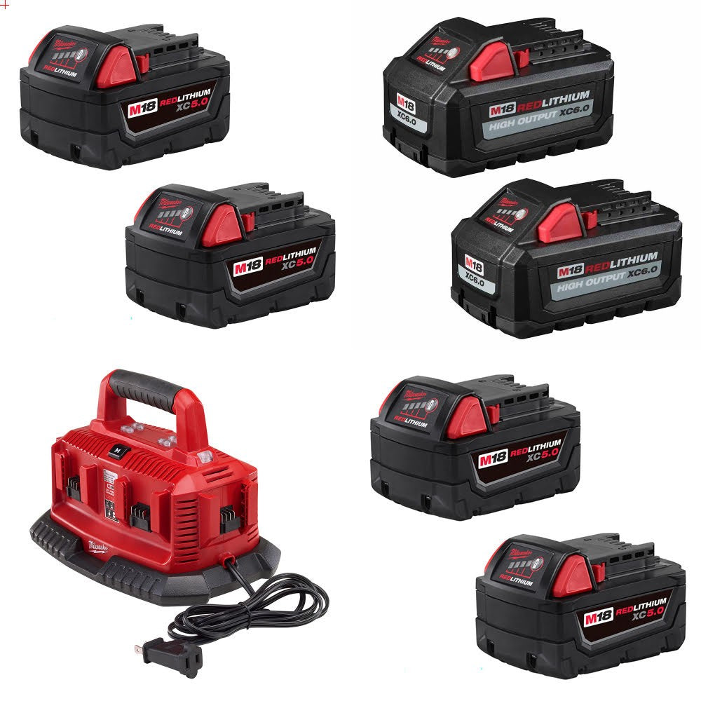 Milwaukee 48-11-1850 M18 Battery (4 Pack) & 48-11-1862 M18 Battery w/ 6 Bay Charger