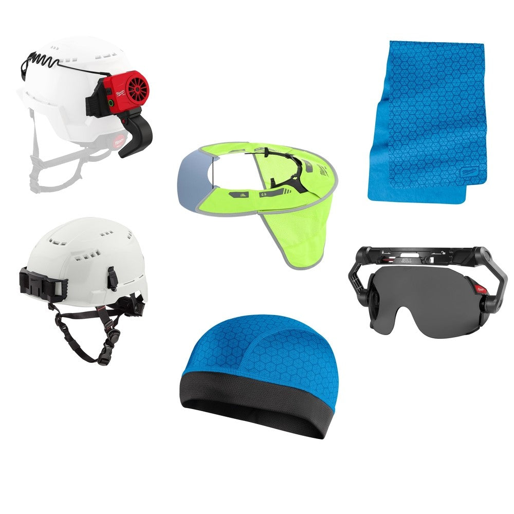 Milwaukee Safety Helmet Kit W/ Fan Sun Visor Eye Visor Towel and Skullcap