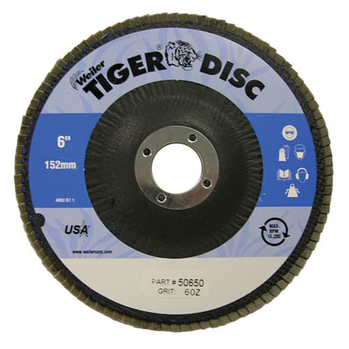 Weiler 50650 6" Tiger Disc Abrasive Flap Disc, Angled, Phenolic Backing, 60Z, 7/8" A.H.