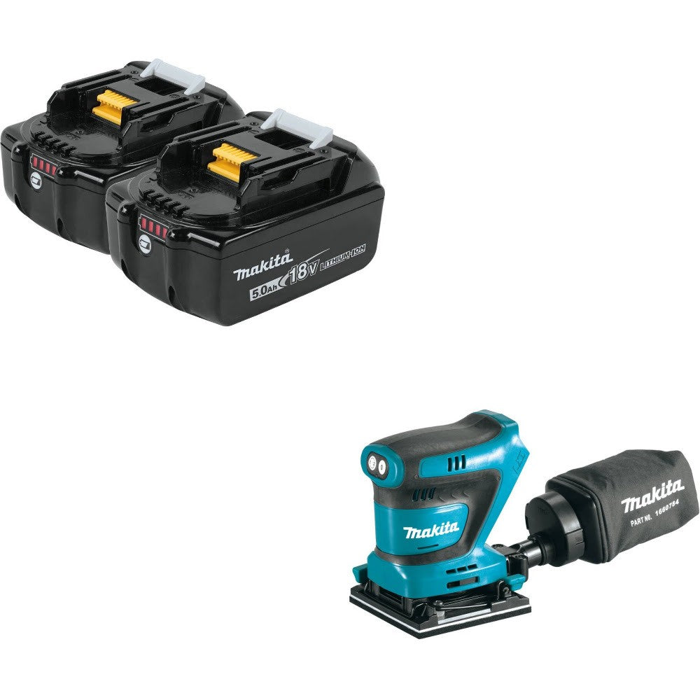 Makita BL1850B-2 5.0Ah Battery, 2 Pack Kit W/ FREE XOB02Z Sander