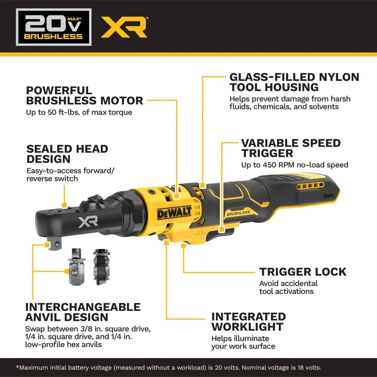 DeWalt DCF520B 20V MAX XR Brushless Cordless 1/4" and 3/8" Sealed Head Ratchet Tool Only - 2
