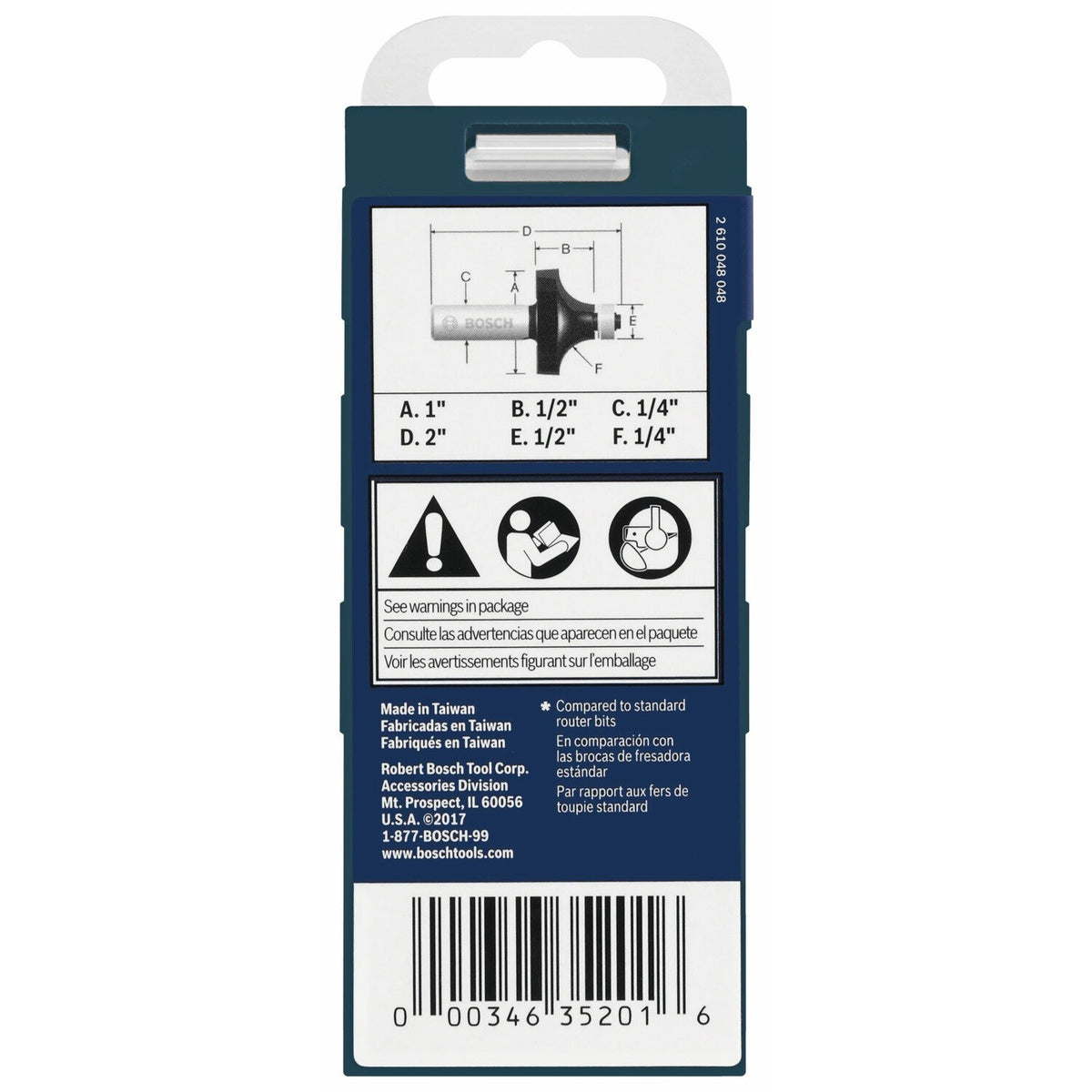 Bosch 85294MC 1/4" x 1/2" Carbide-Tipped Roundover Router Bit for Edge Forming - 3