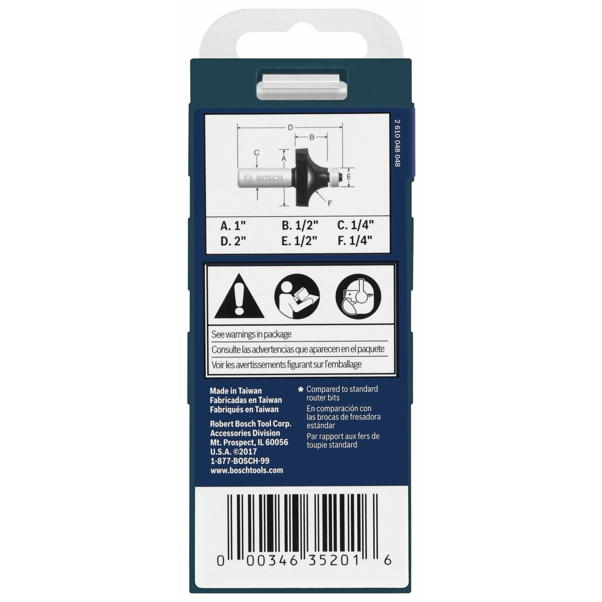 Bosch 85294MC 1/4" x 1/2" Carbide-Tipped Roundover Router Bit for Edge Forming - 3