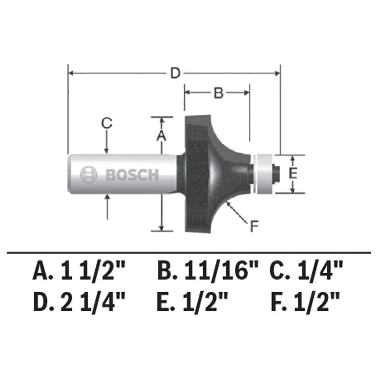 Bosch 85297MC 1/2" x 11/16" Carbide Tipped Roundover Router Bit with 1/4" Shank and Bearing - 2