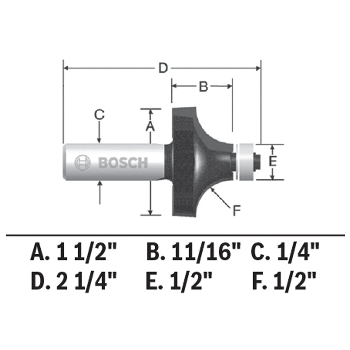 Bosch 85297MC 1/2" x 11/16" Carbide Tipped Roundover Router Bit with 1/4" Shank and Bearing - 2
