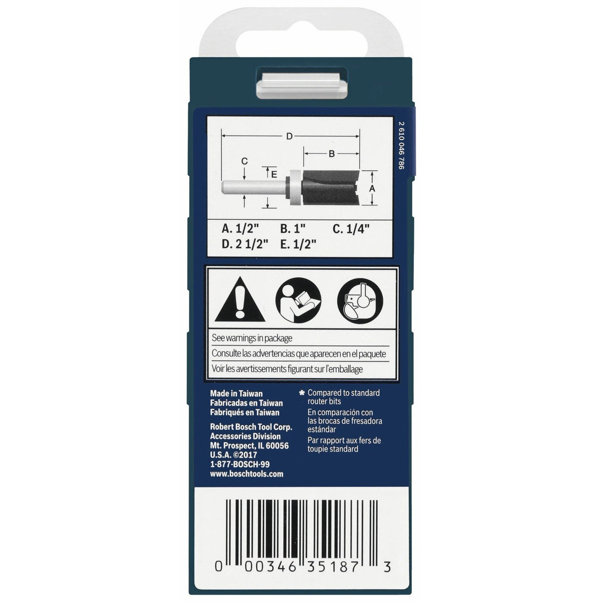 Bosch 85680MC 1/2" x 1" Carbide Tipped Double Flute Top Bearing Straight Trim Router Bit - 3