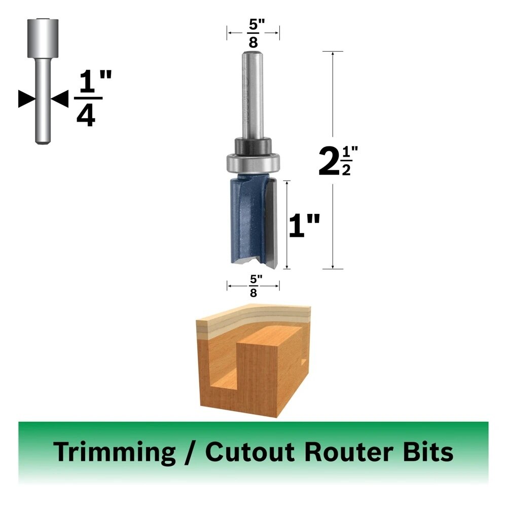 Bosch 85681M 5/8" x 1" Carbide Tipped 2 Flute Top Bearing Straight Trim Router Bit - 2