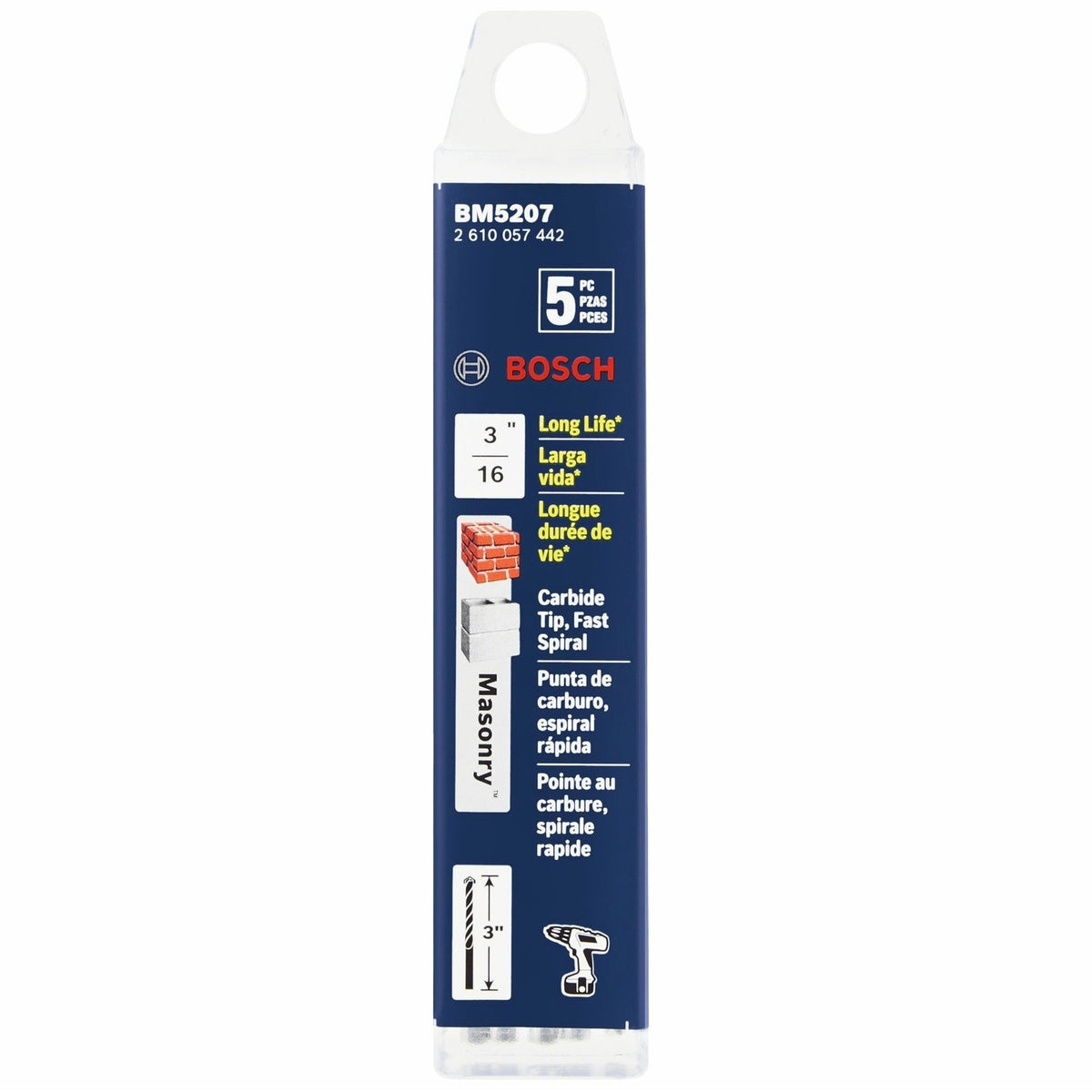 Bosch BM5207 3/16" x 2" x 3" Carbide Tipped Fast Spiral Rotary Masonry Drill Bits (5 Pack) - 2