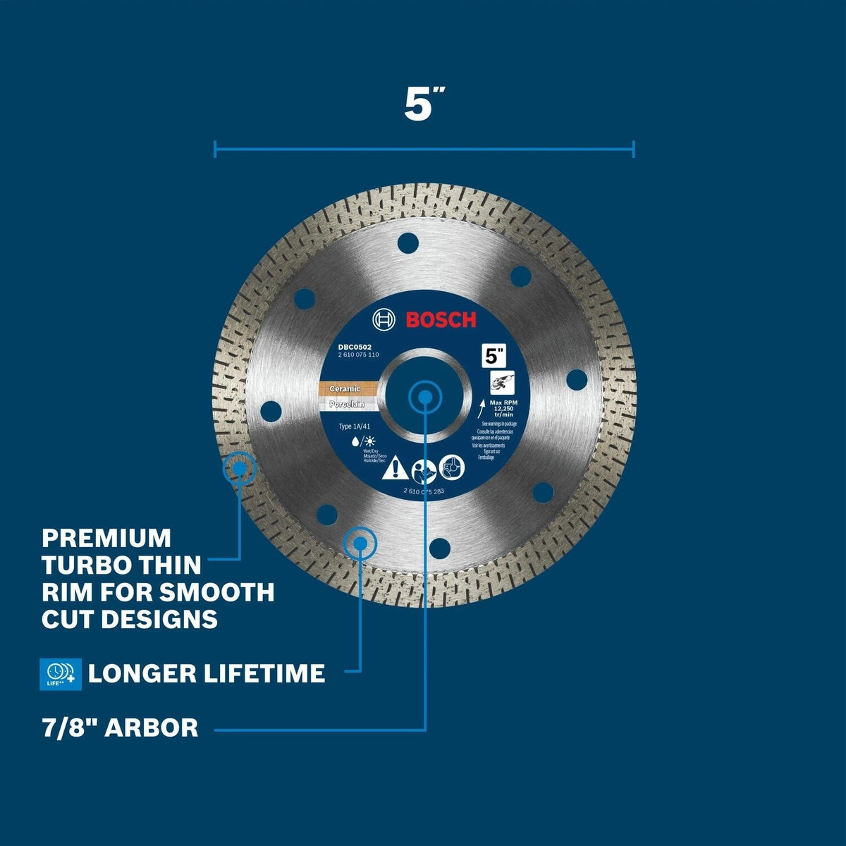 Bosch DBC0502 5" Premium Turbo Rim Diamond Blade for Porcelain Tile and Stone